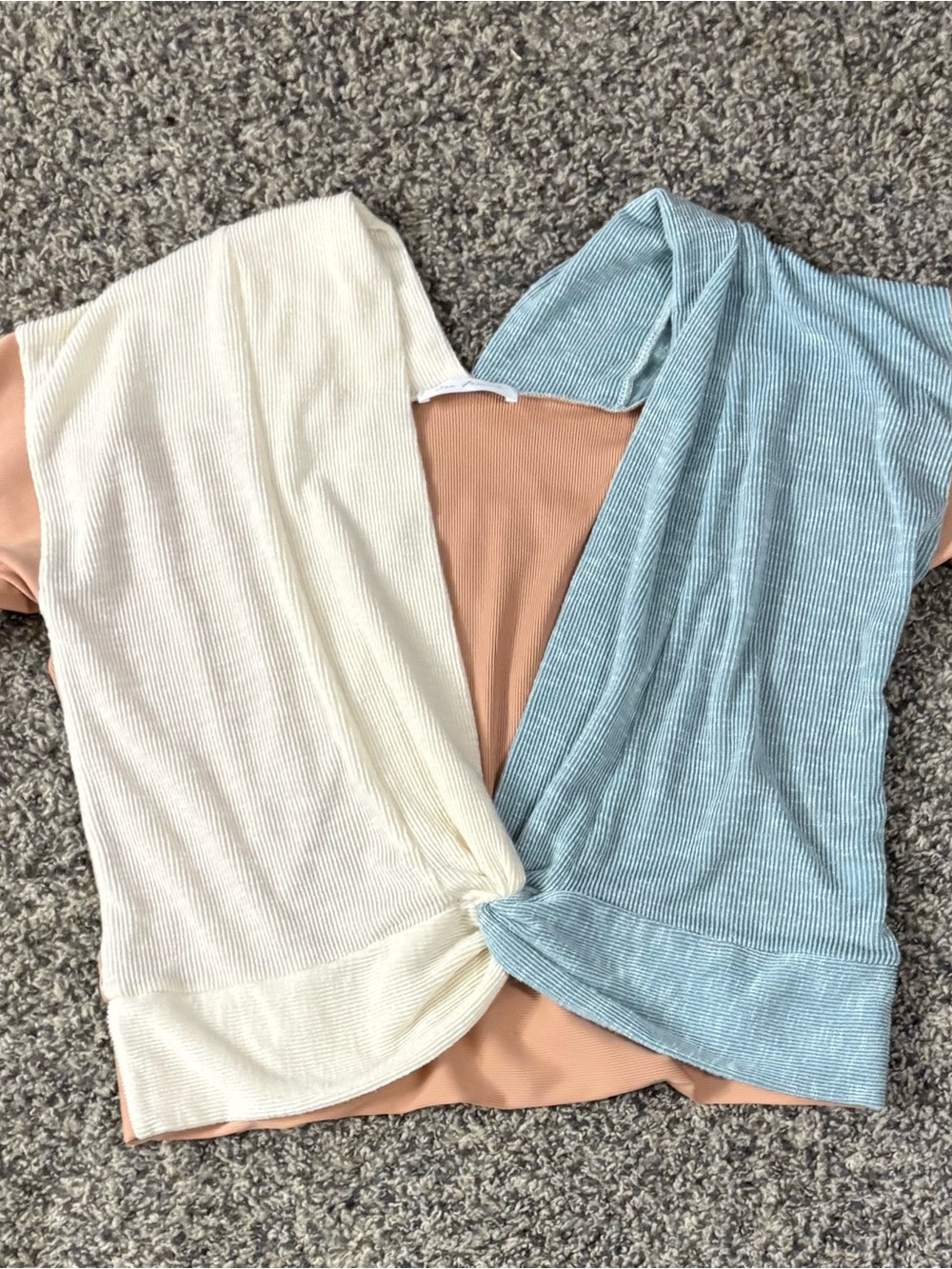 Ces Femme Women’s Deep V Twist-Front Ribbed Top in Cream and Light Blue